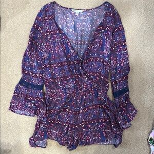American Eagle Outfitters Purple and Blue Flutter Sleeve Jumpsuit